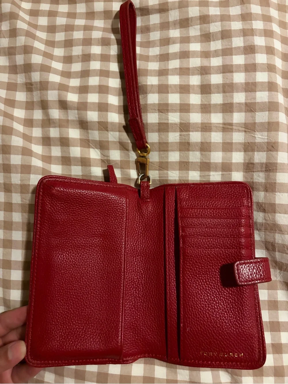 TORY BURCH Red Leather Wristlet with Gold Logo Accent